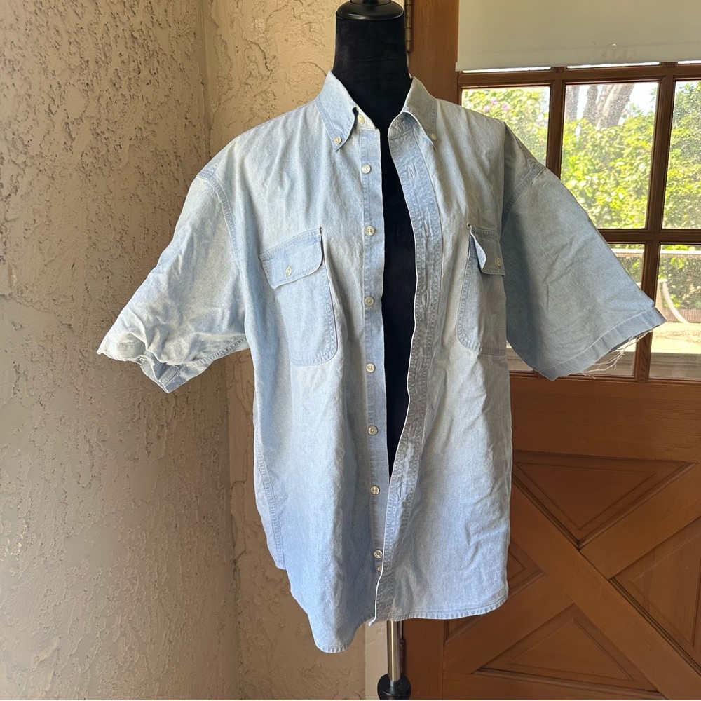 🦋 Dockers Indigo Light Blue Denim Short Sleeve Distressed Button Down Shirt